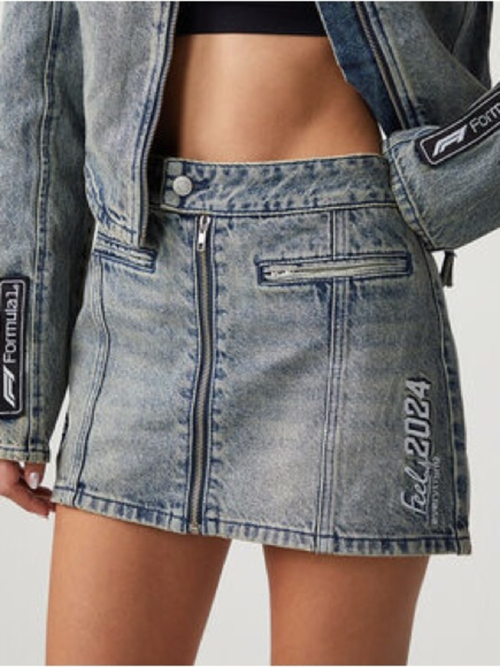 PacSun Grey Washed Denim Zip-Front Mini Skirt